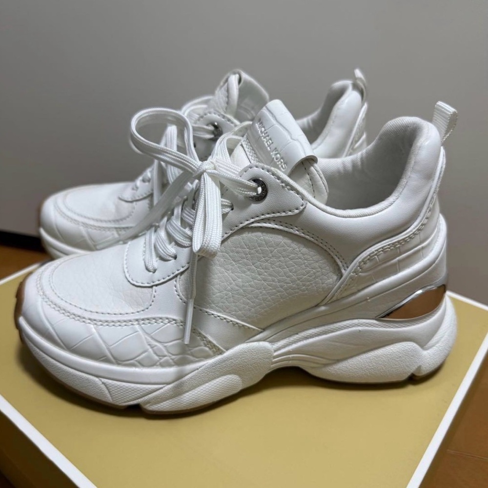 Michael Kors White Chunky Platform Sneakers with Metallic Heel Accent